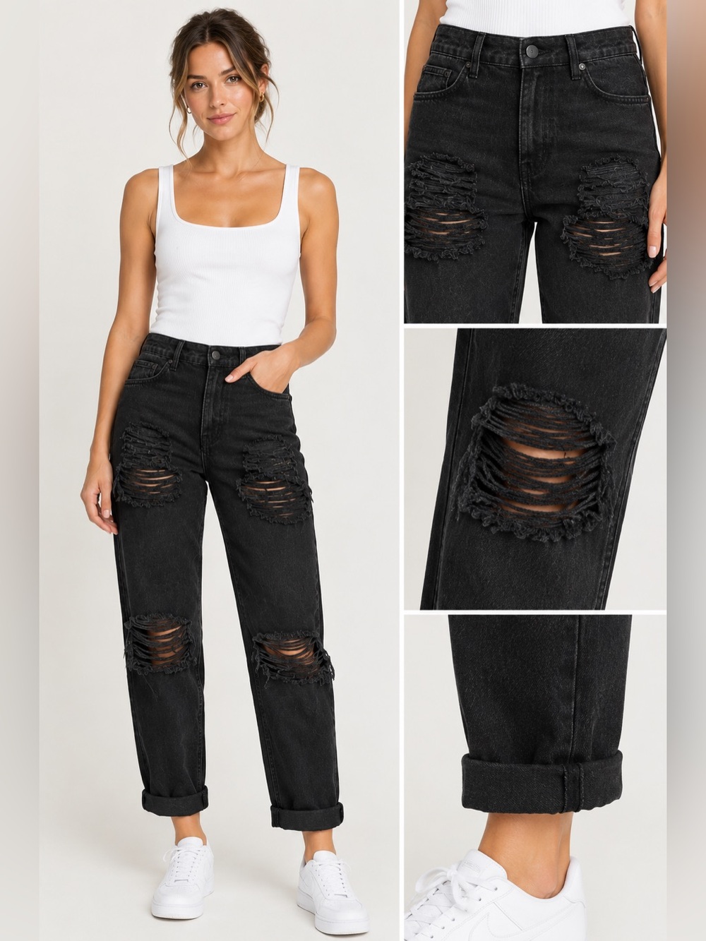 Good American Black Distressed Straight Leg Jeans Size 14/32